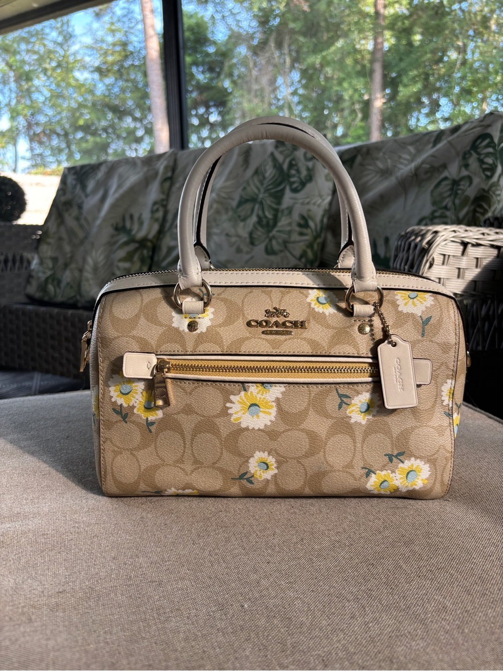 Coach Beige Floral Signature Satchel with Cream Handles - Picture 1 of 5